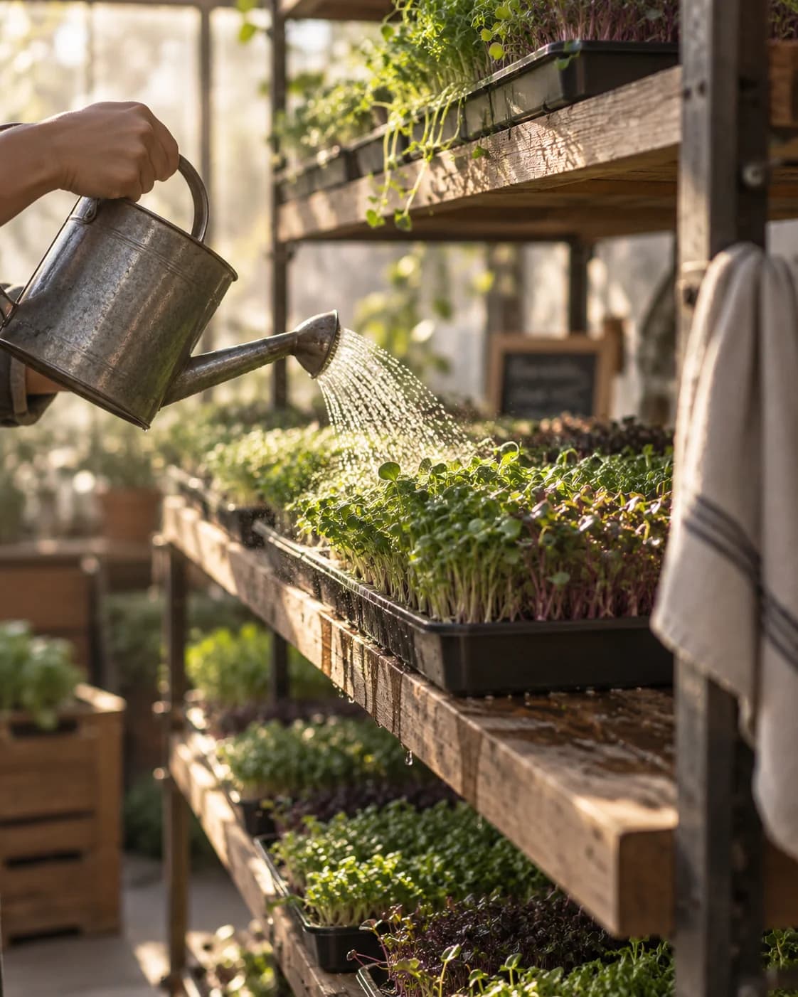 A hand tipping a galvanised can over a tray of microgreens on the rack, water catching the morning light, more trays on the shelves above and below