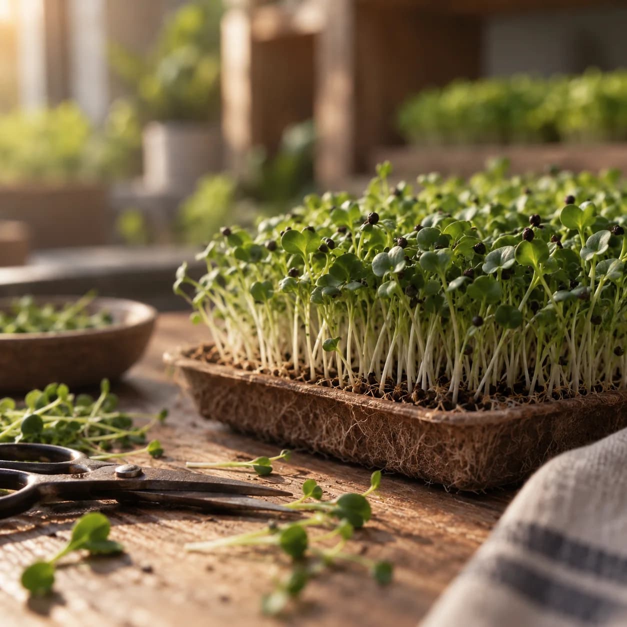 One tray at cutting stage on its coco-peat pad, seed husks still caught among the cotyledons, shears and loose cuttings on the bench beside it