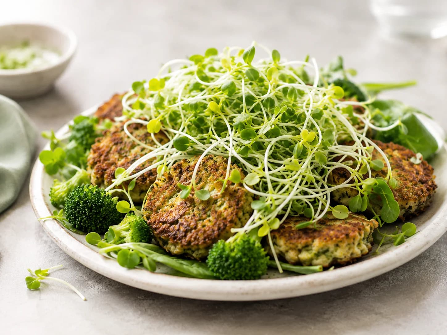 Microgreens piled over broccoli fritters on a plate